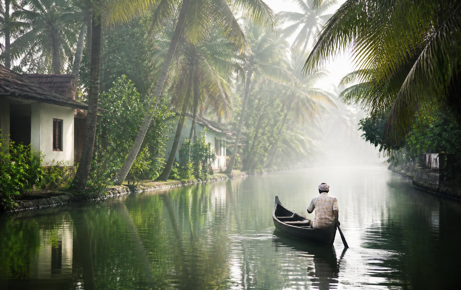 A single wooden canoe on a misty Kerala backwater canal lined with coconut palms and waterside homes