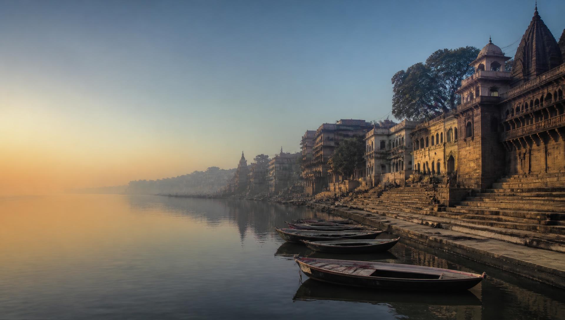 Dawn over the Varanasi ghats, with wooden boats moored beside the stone steps on the Ganges